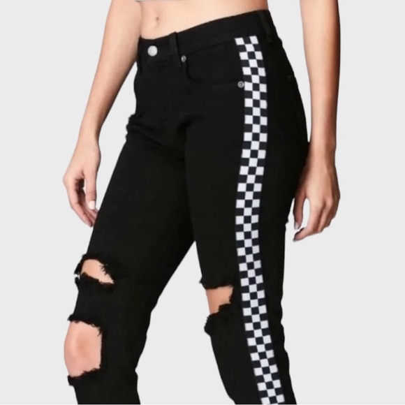 Carmar Side Stripe Jeans Mid Rise Checker Distressed Black White - Picture 9 of 10